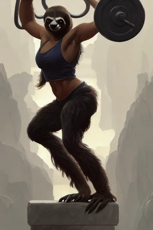 Image similar to anthro sloth lifting weights, dim dingy gym, dynamic pose, fantasy, intricate, elegant, highly detailed, digital painting, artstation, concept art, matte, sharp focus, illustration, art by artgerm and greg rutkowski and alphonse mucha