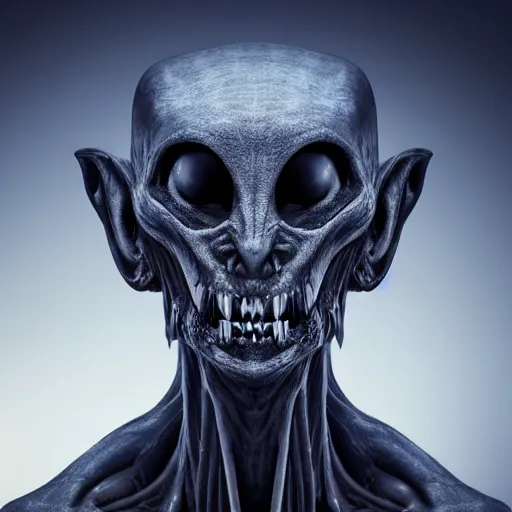 Image similar to an alien. angled jaw, growling, omniverous layered teeth, sunken nose, smooth bioluminescent skin, emaciated, mid length portrait photograph, highly detailed, high contrast lighting