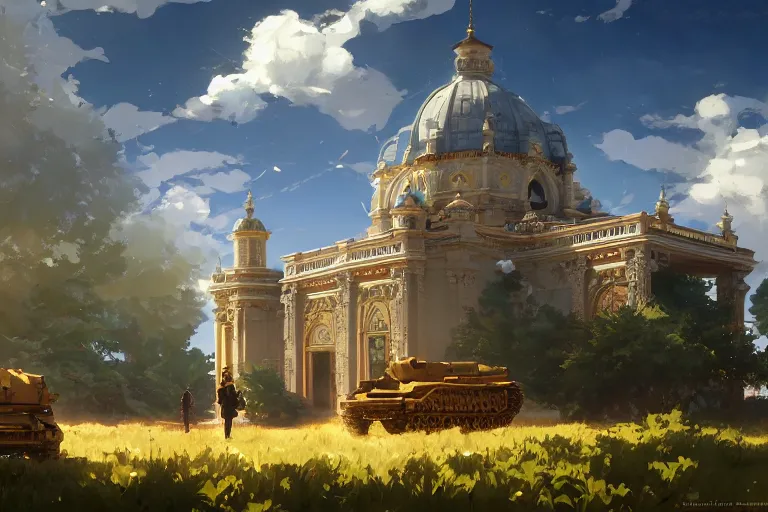 Prompt: a tank which looks like a ornate baroque church, scene in an open field. key visual, conceptart, ambient lighting, highly detailed, digital painting, artstation, concept art, sharp focus, by makoto shinkai and akihiko yoshida and greg manchess