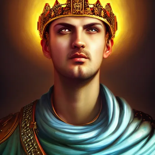 Image similar to detailed portrait of emperor nero, old roman style, non - reflective blue neon cloak, decorated with traditional roman ornaments by rhads, makoto shinkai cyril rolando, madgwick illustrated, perfect face, fine details, realistic shaded, fine - face, pretty face