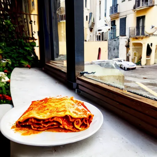 Image similar to fat orange tabby cat eating lasagna on a table, afternoon, by michelangelo neighborhood outside window