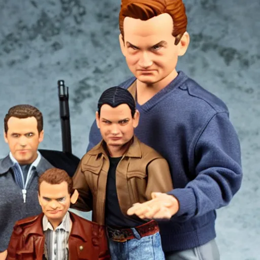 Image similar to Boy Meets World action figures, Mr. Feeny, Topanga, Shawn, Cory, detailed photo, dramatic lighting.