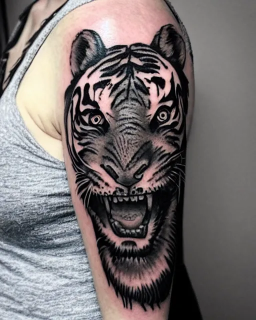 Prompt: tattoo design of a beautiful girl, wearing a tiger head hat, hyper realistic, hyper detailed, in the design of eliot kohek