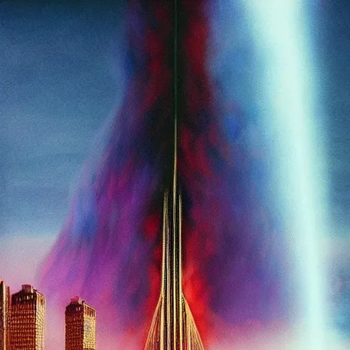 Image similar to red-hooded magician casting purple colored spells at 911 WTC Twin Towers, white glowing souls flying out of the towers into cosmic black hole sky, beautiful hyper realistic award winning photograph in the style of The Lord of the Rings