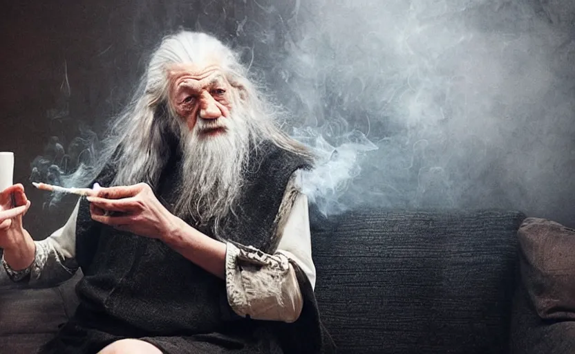 Image similar to a smartphone picture of stoned gandalf smoking a joint sitting on a couch in a night club,