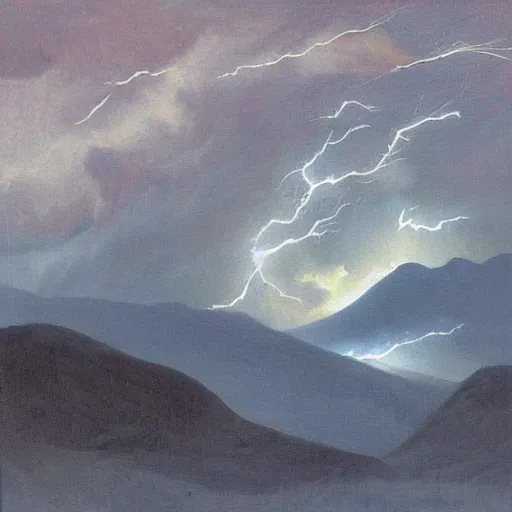 Prompt: “painting, mountain top in a storm being struck by lightning”
