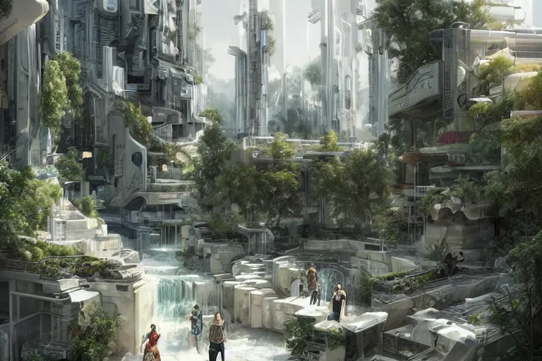 Image similar to futuristic cyberpunk city with lush garden at rgb Pamukkale, thermal waters flowing down white travertine terraces, intricate, elegant, luxurious, digital painting, concept art, smooth, sharp focus, from Star Trek 2021, illustration, by WLOP and Ruan Jia and Mandy Jurgens and William-Adolphe Bouguereau, Artgerm