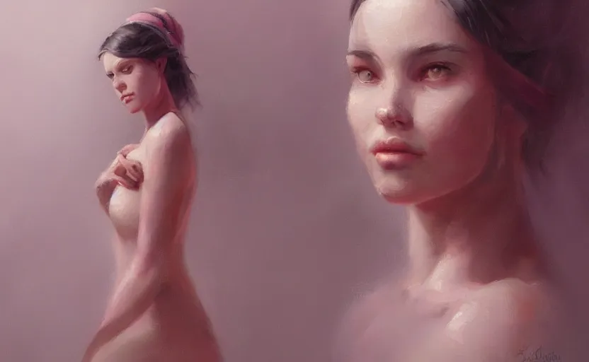 Image similar to a painting of alice trending on artstation in the style of greg rutkowski, beautiful, female, sensual, natural skin, curvy build, natural sensuality, pink, blue, portrait