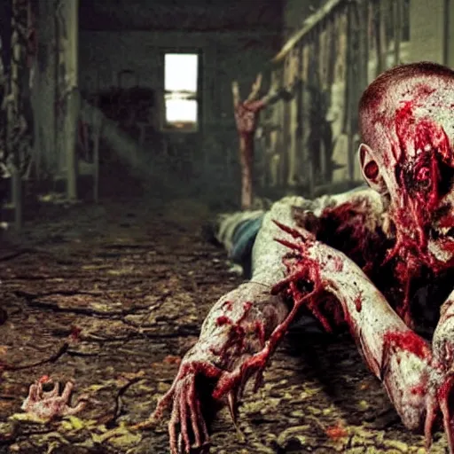 Image similar to gruesom rotting zombie with missing limbs, movie still