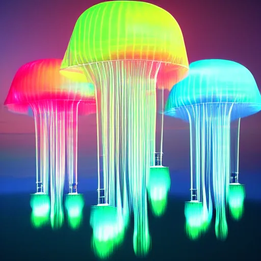 Prompt: sky jellyfish, nighttime color show, glowing jellyfish, flying sky color jellyfish, raytracing, volumetric lighting, lighting high quality 3D render trending on artstation