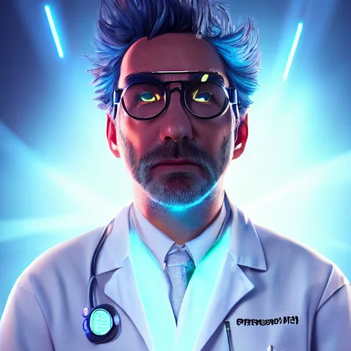 Image similar to portrait of rick sanchez, lab coat, lens flare, atmosphere, glow, detailed, intricate, full of colour, cinematic lighting, trending on artstation, 4 k, hyperrealistic, focused, extreme details, unreal engine 5, cinematic, masterpiece