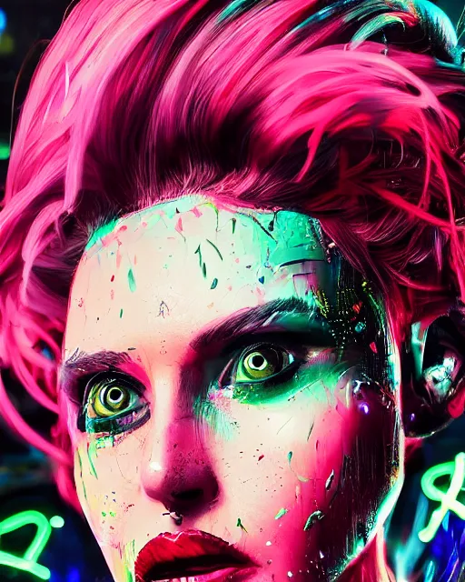 Image similar to splashes of neon, mowhawk, punk women portrait made out of paint, trending on artstation, epic composition, emotional, beautiful, rendered in octane, highly detailed, realistic, tim burton comic book art, sharp focus, unreal engine, depth of field, path tracing