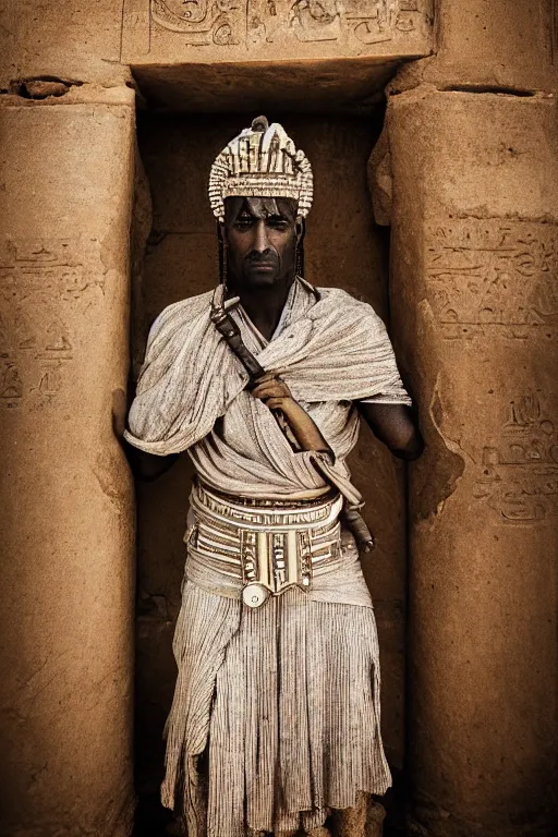 Image similar to a dramatic hero portrait of an ancient nubian temple guard in old egypt. photography photo art. cover of national geographic magazine