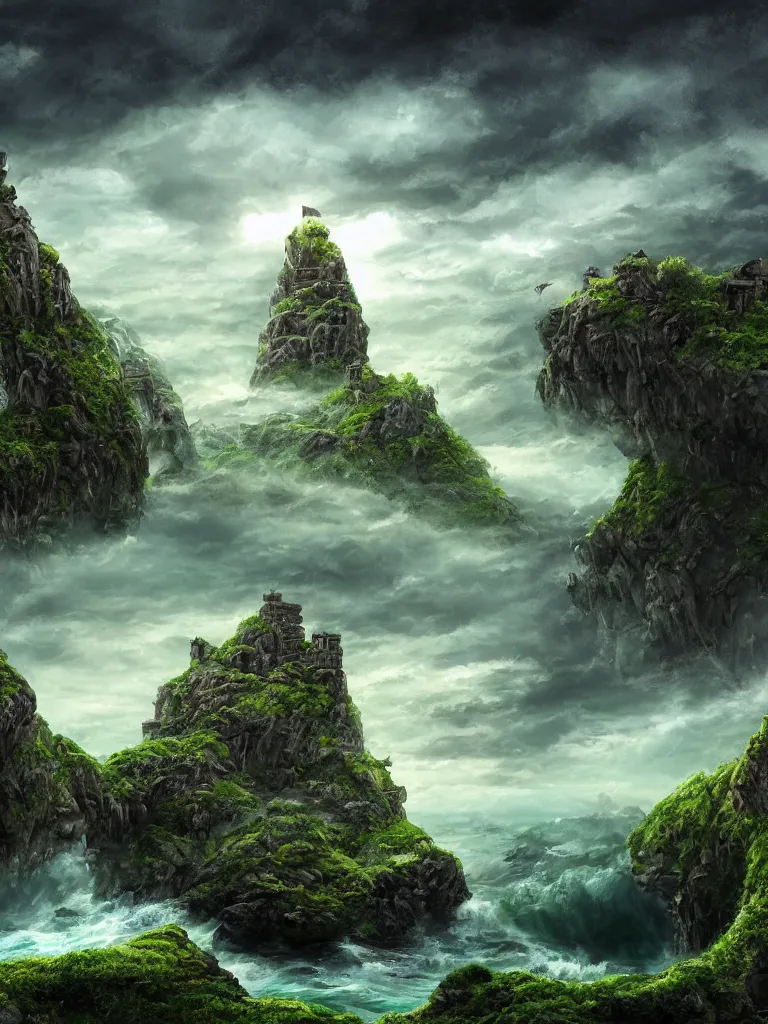 Prompt: a stunning wide angle view of an ancient fantasy castle built with rock bridges on top of a green stone island in the middle of a deep green wavy sea, sun through majestic clouds, highly detailed rock structures, artistic composition, sharp focus on houses, intricate concept art, digital painting, colorful flat surreal design, hd, 8 k, artstation, ambient lighting