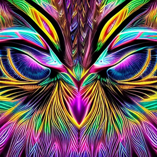 Image similar to neon tribal eurasian owl, pastel neon, photorealistic render 8k intricate, elegant, highly detailed, smooth, sharp focus, detailed face, high contrast, dramatic lighting, graphic novel, art by alex grey