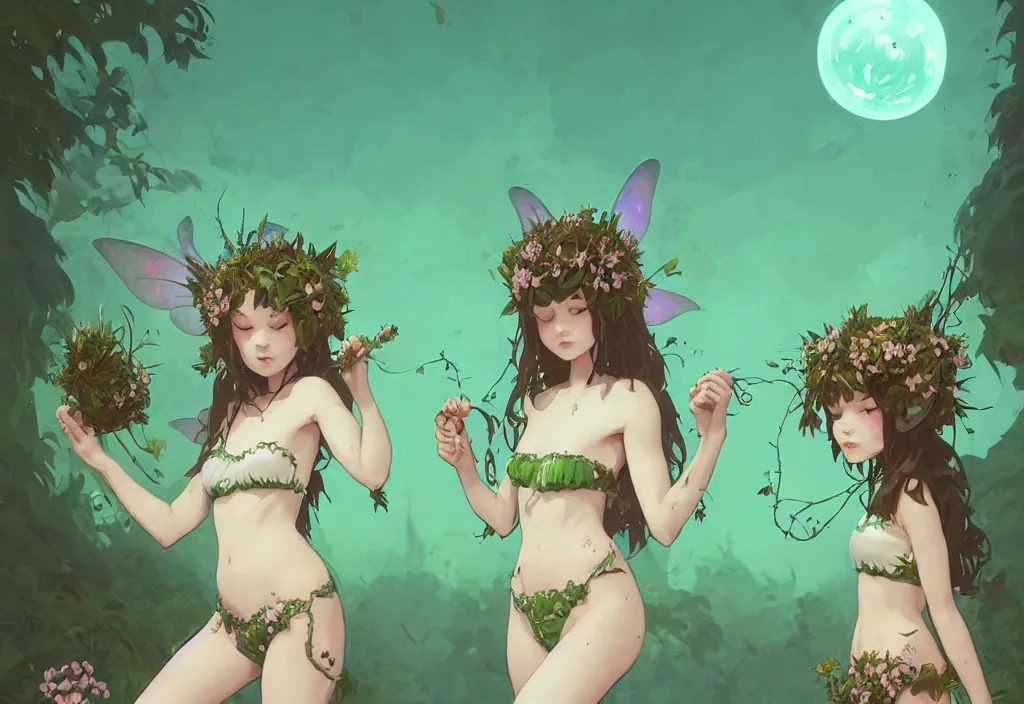Image similar to two cute fairy girls with crown of flowers in plants bikini covered with celtic rune tattoos, fantasy, by atey ghailan, by greg rutkowski, by greg tocchini, by james gilleard, by joe gb fenton, by in kaethe butcher, dynamic lighting, gradient light green, brown, blonde cream and white color in scheme, grunge aesthetic