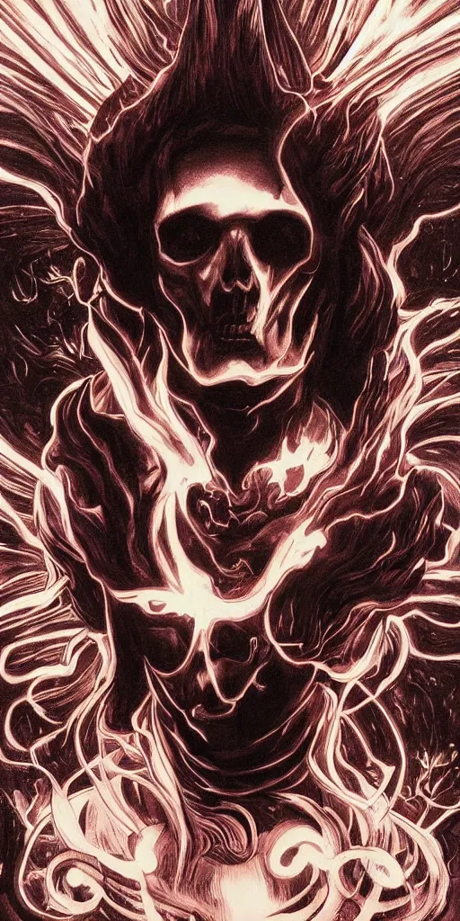 Prompt: intense glowing black metal pagan god with horn and intense black eyes with a skull on fire in very dark nebula by artgerm and alphonse mucha and beksinski, portrait, fantasy, clear, fire, light beams, lens flare, soft, uhd, amazing depth, cinematic lighting, black and red and white and yellow