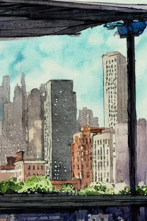 Prompt: charming city street. parks and skyscrapers. subtle perspective viewed from a rooftop. blurred skyline background dof. watercolor winslow homer