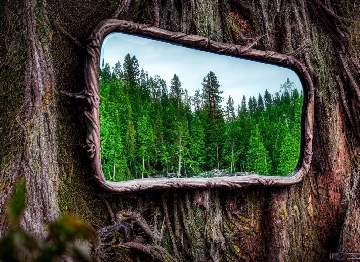 Image similar to photo of a crystal mirror that is a portal to another magical world. Forest in the background. Fantasy magic style. Highly detailed 8k. Intricate. Nikon d850 55mm. Award winning photography.