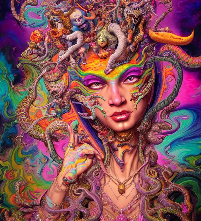 Image similar to lisa frank blotter acid fantasy character portrait of kali ma, ultra realistic, wide angle, intricate details, dharma artifacts, aum, highly detailed by hr giger, peter mohrbacher, wayne barlowe, boris vallejo, hajime sorayama aaron horkey, gaston bussiere, craig mullins