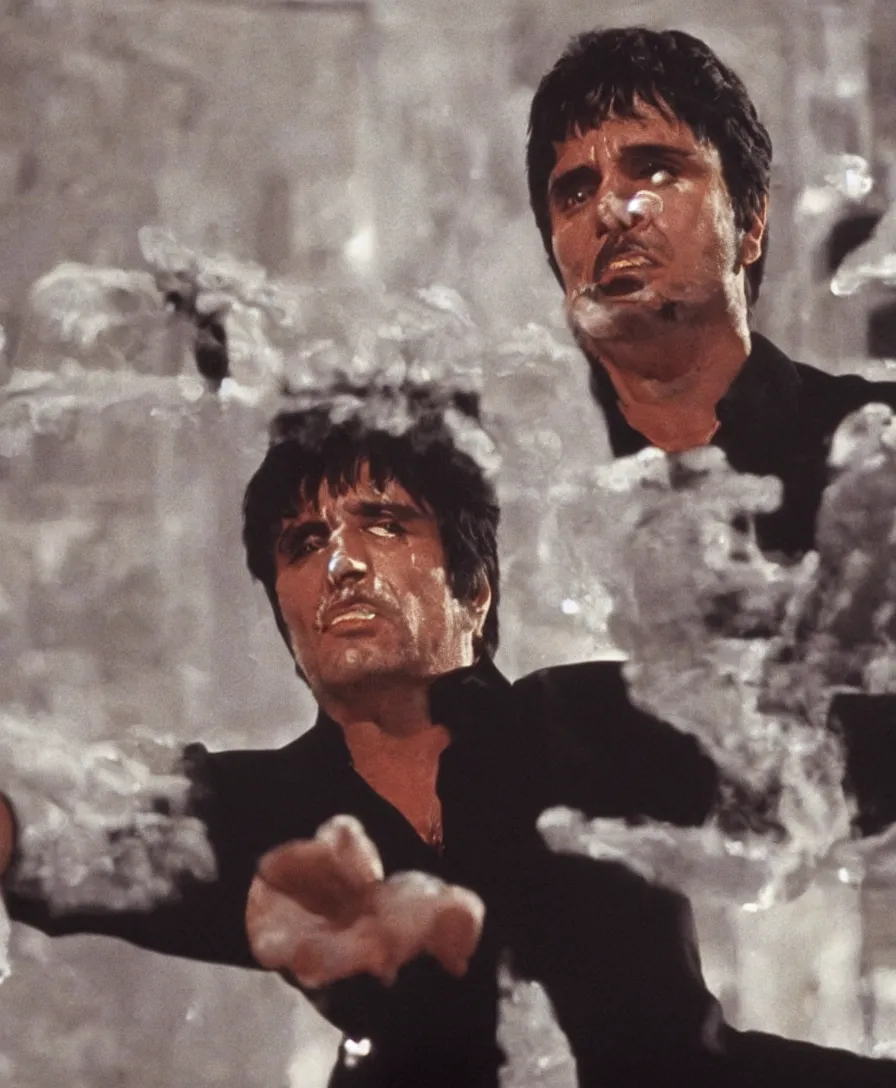 Prompt: a wide still of tony montana, scarface movie, pinterest contest winner, dynamic lighting, 1 9 8 0's,