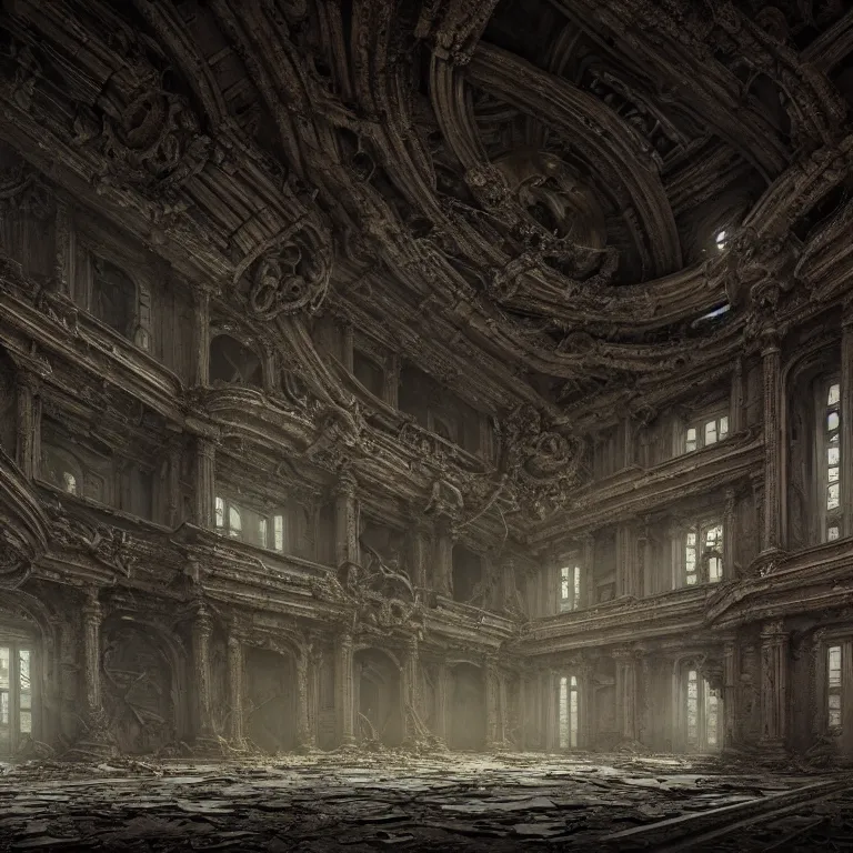 Image similar to surreal interior of abandoned ancient alien spaceship covered with ribbed spinal tubes, surreal abandoned buildings, dream-like heavy atmosphere, baroque painting, beautiful detailed intricate insanely detailed octane render trending on Artstation, 8K artistic photography, photorealistic, volumetric cinematic light, chiaroscuro, Raphael, Caravaggio, Beksinski, Giger