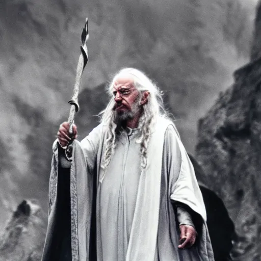 Image similar to Bernie Sanders as Gandalf the grey in full robes defending the Bridge of Khazad-dûm, 35mm film