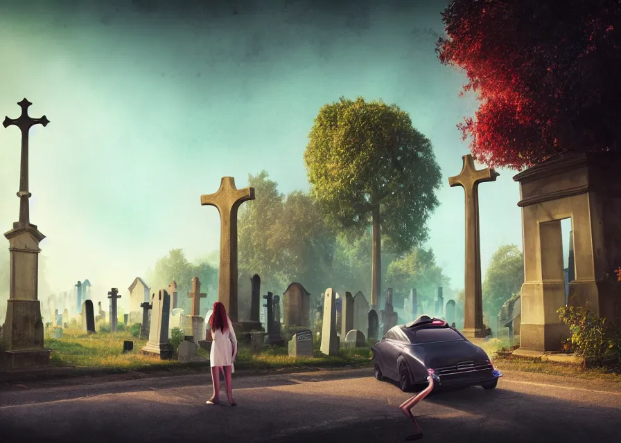 Prompt: a disheveled young woman watches as a car driving down a road next to a medieval cemetery, a digital rendering by michael flohr, inspired by tom bagshaw, instagram contest winner, futurism, matte painting, outrun, terragen