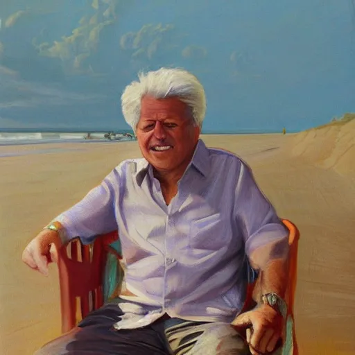 Image similar to portrait of john f kennedy, wrinkled, grey hair, handsome, hawaiian shirt, sitting in chair, landscape of nantucket beach, dunes, ocean, bluff, oil on canvas by william sidney mount - 1 9 8 2, trending on artstation