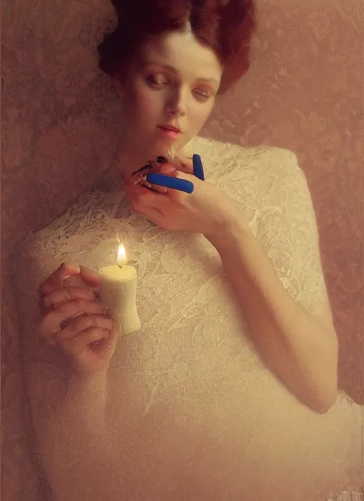 Image similar to a romantic photo of a woman in a dark room wearing lace smoking a cigarette advertisement photography looking at camera by mucha, nick alm, norman rockwell, greg rutkowski, greg manchess, ethereal, dark, candlelight, pagan, extremely coherent, sharp focus, elegant, sharp features, render, octane, detailed, award winning photography, masterpiece, rim lit