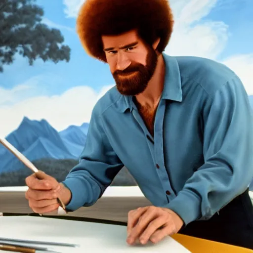 Image similar to a closeup photorealistic photograph of bob ross working on a canvas painting of superman. film still. brightly lit scene. mountains and trees. this 4 k hd image is trending on artstation, featured on behance, well - rendered, extra crisp, features intricate detail, epic composition and the style of unreal engine.