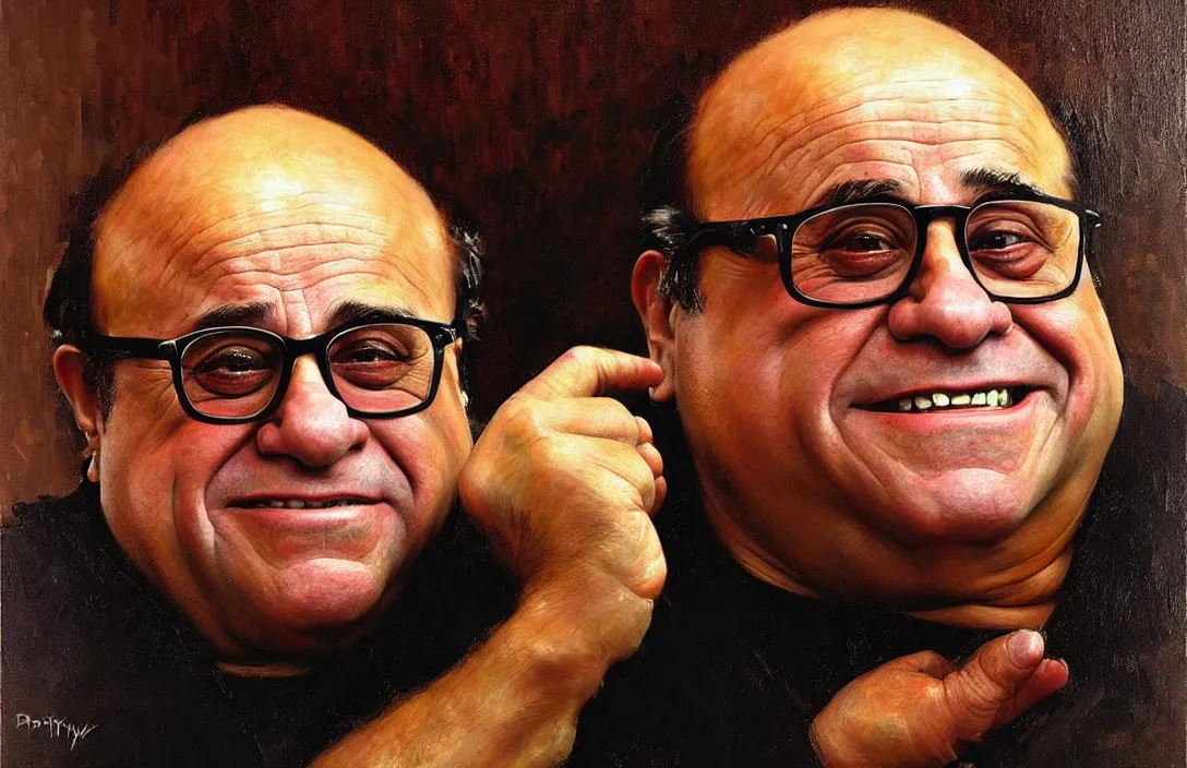 Image similar to portrait of danny devito!!!!!!!!!!!!!!!!!!!!!!!!!!!, detailed face, detailed painting,, epic lighting, by ilya repin, phil hale and kent williams