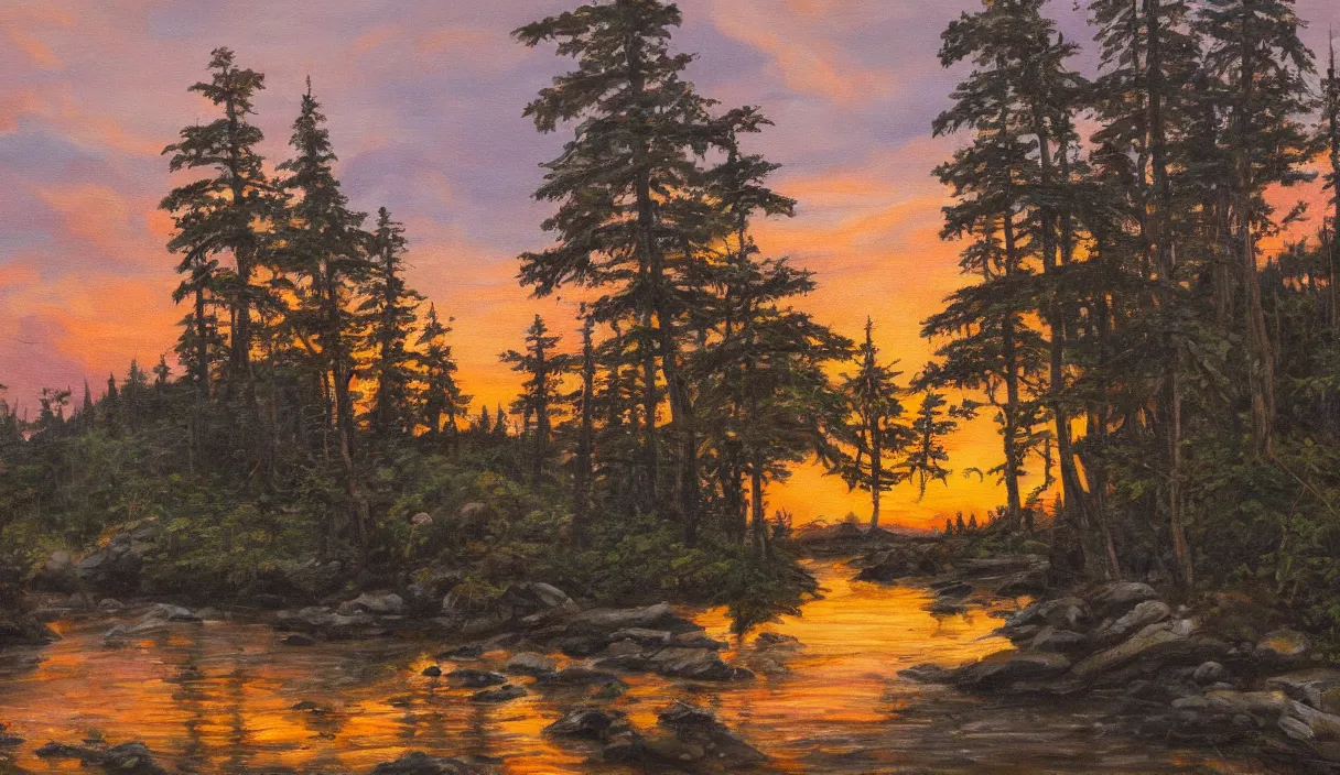 Image similar to a painting of a sunset with a forest, a crystalline stream with rocks and a wood cabin