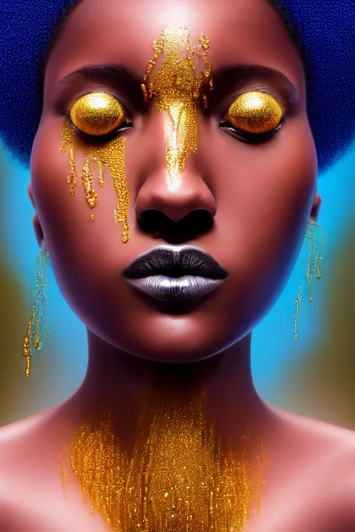 Prompt: hyperrealistic precisionist cinematic profile very expressive! black oshun goddess, in water! up to shoulders, mirror dripping droplet!, gold flowers, highly detailed face, digital art masterpiece, smooth eric zener cam de leon, dramatic pearlescent turquoise light on one side, eye level hd 8 k, tilt shift