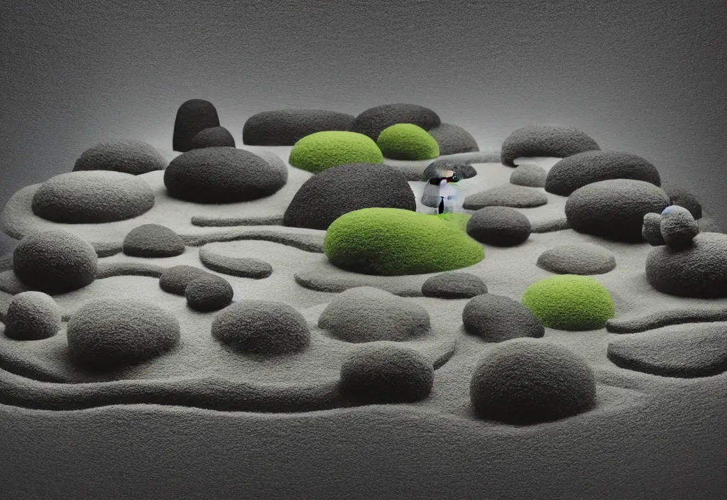 Image similar to zen garden kyoto, japan, a collage painting, in the style of wes anderson, lola dupre, david hockney, isolated on negative white space background dark monochrome fluorescent neon spraypaint accents volumetric octane render