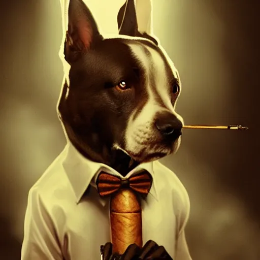 Image similar to a dog wearing smoking a cigar, dramatic lighting, cinematic, establishing shot, extremly high detail, photorealistic, cinematic lighting, concept art, artstation, style by greg rutkowsky