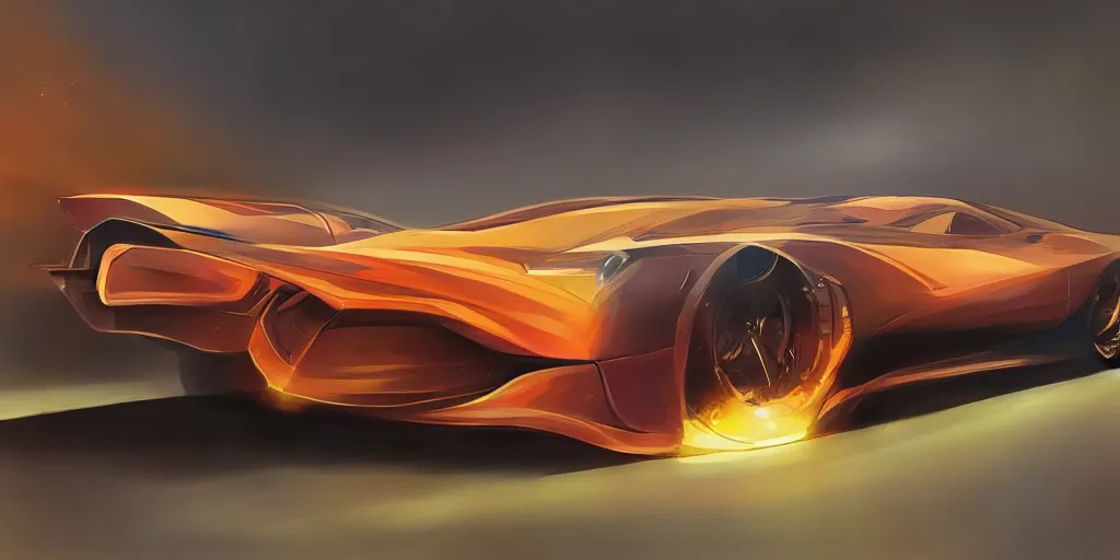 Prompt: full view of a car, painted in orange holographic pearlescent, elegant, digital painting, concept art, smooth, sharp focus, art style from Wang Ke and Greg Rutkowski and Bruce Kaiser and Scott Robertson and Dmitry Mazurkevich and Doruk Erdem and Jon Sibal, small style cue from Blade Runner