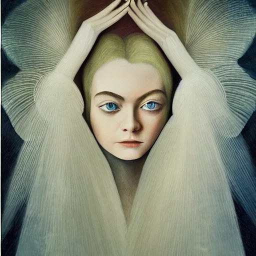 Prompt: professional painting of Elle Fanning in the style of Remedios Varo, head and shoulders portrait, symmetrical facial features, smooth, sharp focus, illustration, intricate, stormy weather, extremely detailed masterpiece,