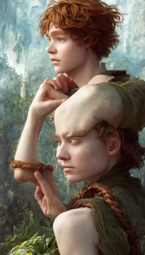 Image similar to epic masterpiece portrait peter pan and wendy, sweaty skin, hyperrealistic, octane render, cinematic, beautiful face and flawless skin, perfect hands, 5 fingers, by Edgar Maxence and Ross Tran and Michael Whelan, Legends of Runeterra