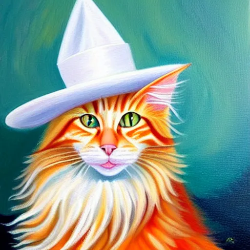 Prompt: beautiful oil painting of an orange mainecoon with a white beard. wearing a white wide brimmed sombrero