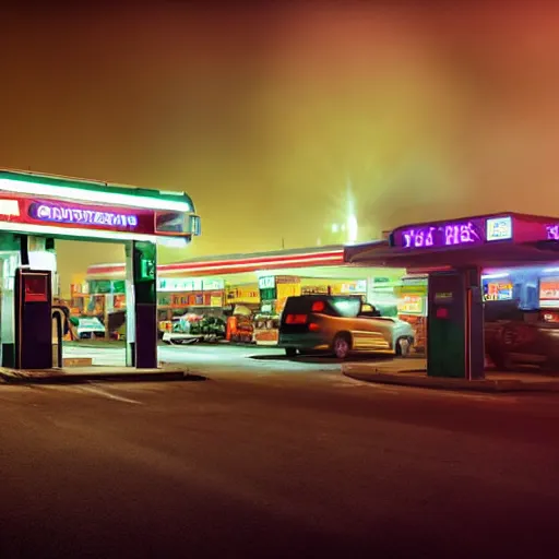 Prompt: a convenience store at a gas station in the dark and misty night, observed from afar in the fog, cyberpunk style ( 2 0 6 0 ), retro futuristic style