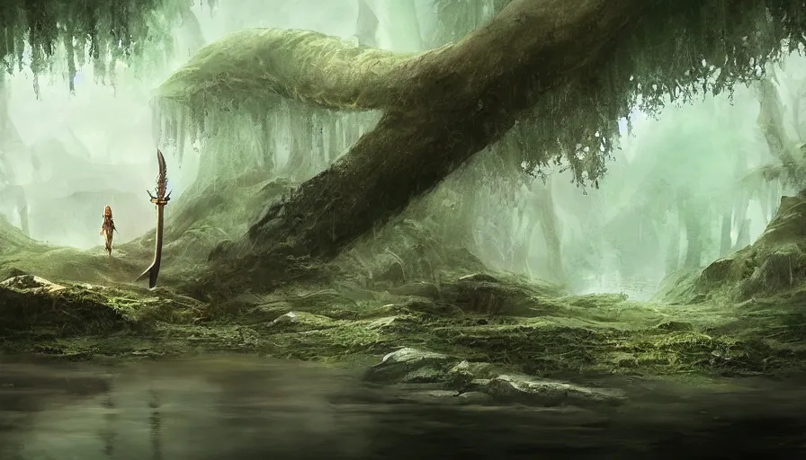 Prompt: sword stuck in a pond island, rainy enchanted forest of the ancients, moody high exposure, digital painting, concept art, photoshop speedpaint, by lihangw