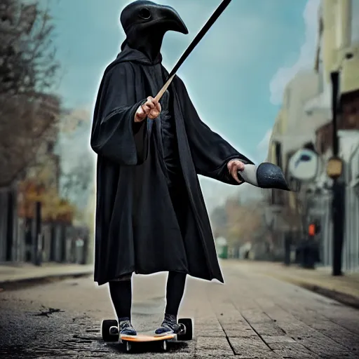 Image similar to a hyper realistic 4 k photoshoot of a plague doctor riding a skateboard