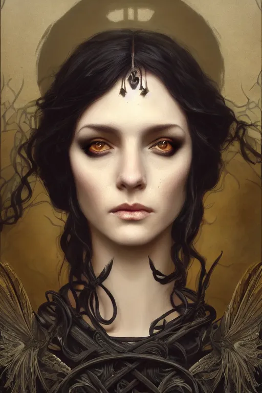 Image similar to a portrait of the Raven Queen, bored, illustration, dramatic lighting, soft details, painting oil on canvas, art nouveau, octane render, HDR, 4k, 8k, HD, by Edmund Blair Leighton, Brom, Charlie Bowater, trending on artstation, Tom Bagshaw faces by otto Schmidt