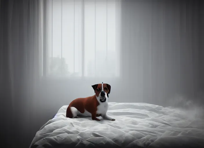 Image similar to photography of a Jack Russel . watching outside the window. on a bed .in a 3d rendered white room. octane render, 3d, foggy, volumetric light, volumetric fog, photorealistic, unreal engine 5, award winning photo, 100mm, sharp, cloth, high res