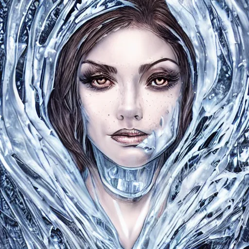 Image similar to woman portrait made out of ice, beautiful, cyborg, comic book art, highly detailed