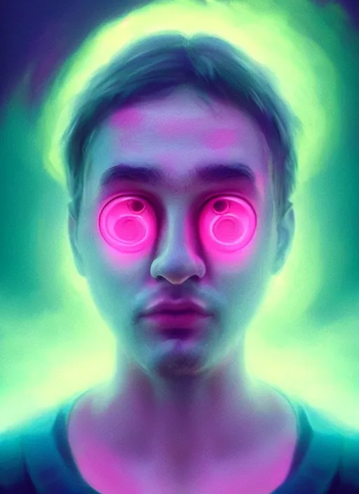 Prompt: an ethereal, misty portrait of a minion whose face is accented with neon - toned glowing eyeliner. the makeup floats off his face and joins swirling clouds of smoke and fog, becoming an aurora. muted tones. surreal portrait, cinematic lighting, 8 k, smooth, sharp focus, digital painting, rendered in octane, painted by tom bagshaw, artgerm