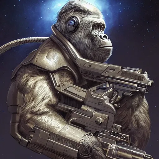 Image similar to detailed science - fiction character portrait of a silverback gorilla shooting a alien gun in space, intricate, wild, highly detailed, digital painting, artstation, concept art, smooth, sharp focus, illustration, art by artgerm and greg rutkowski and alphonse mucha