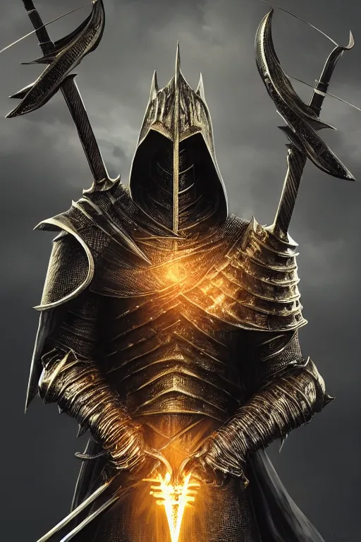 Image similar to dark souls knight holding two swords with each hand, full body, detailed intricate, award winning, highly detailed, sharp focus, cinematic lighting, golden ratio, unreal engine 5, octane render, art by wlop and artgerm and greg rutkowski, masterpiece, trending on artstation, 8 k