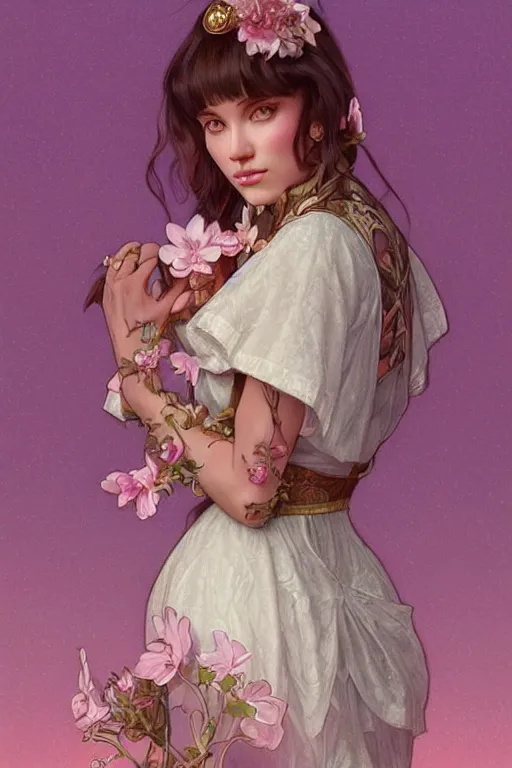 Image similar to beautiful cottagecore doja cat. intricate, elegant. the background is pink !. highly detailed, digital painting, artstation, concept art, smooth, sharp, focus, illustration. . art by artgerm and greg rutkowski and alphonse mucha